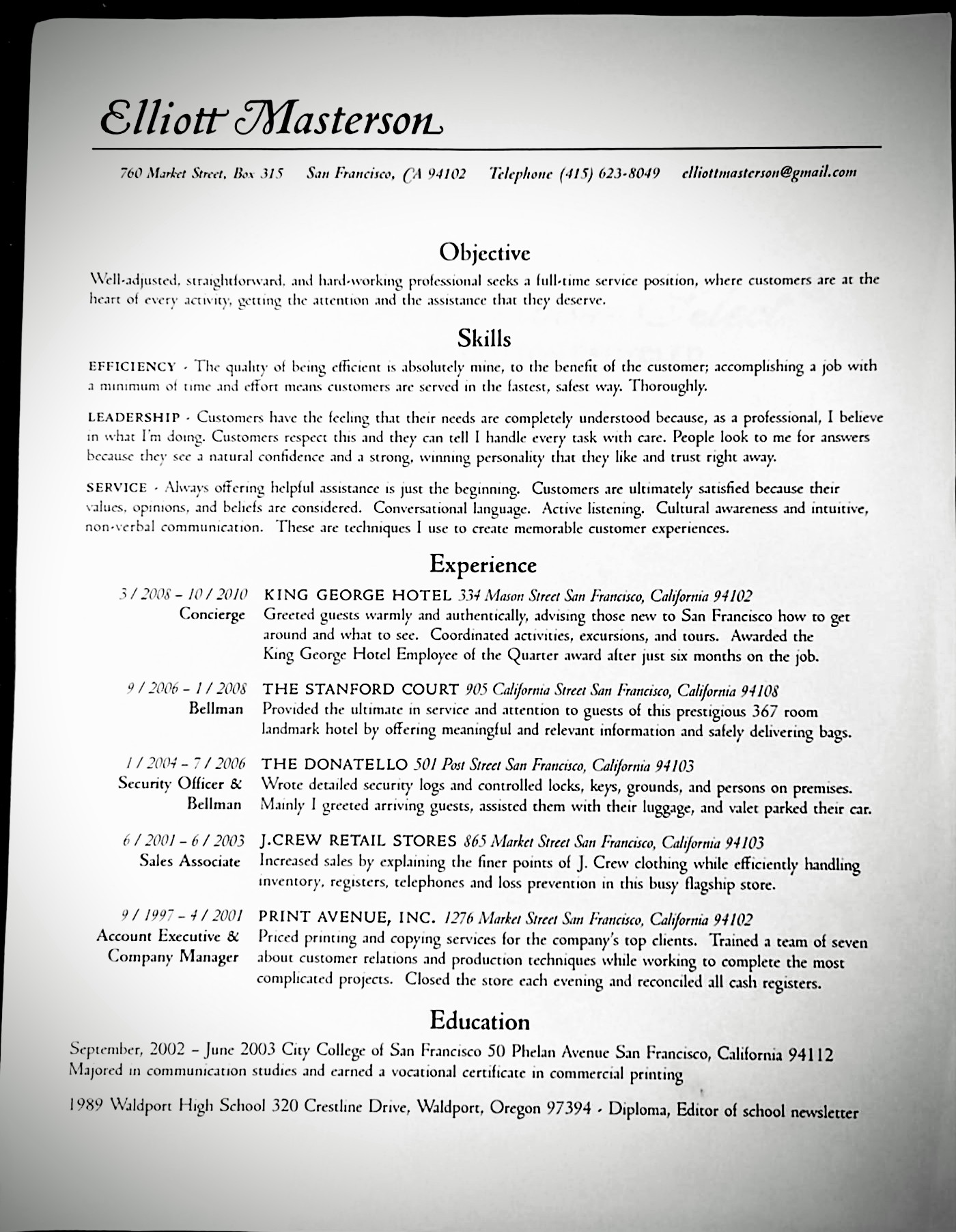 Elliott Masterson professional resume — career history in hospitality, retail, security, printing, and event support